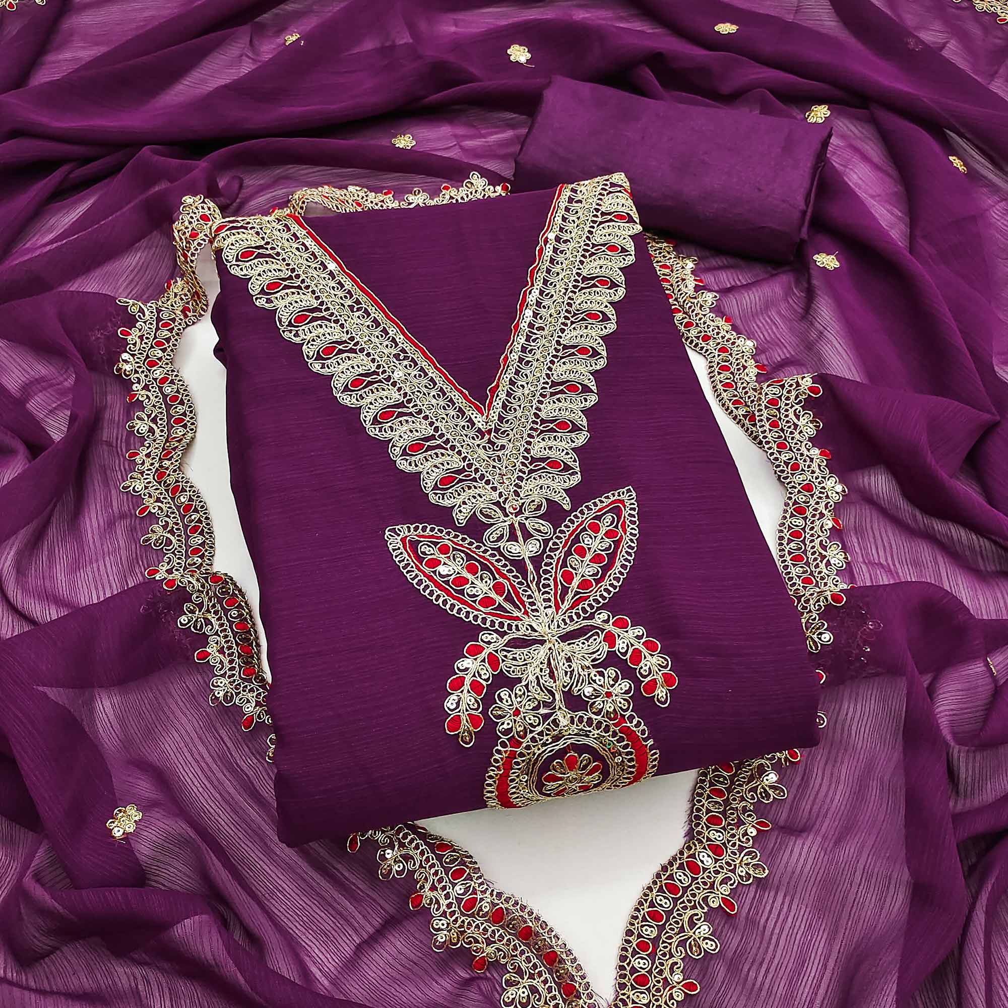 Purple Ensemble In Zomato Art Silk Adorned With Cording Floral Embroidery & Sparkling Sequins