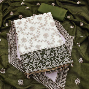 Offwhite & Green Vichitra Silk Dress Material With Intricate Floral Zari Work
