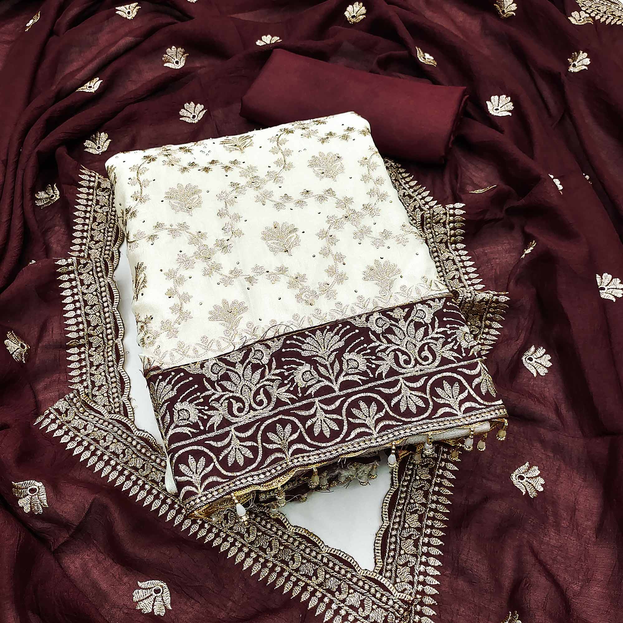 Offwhite & Maroon Vichitra Silk Dress Material With Intricate Floral Zari Work