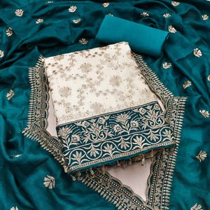 Offwhite & Rama Vichitra Silk Dress Material With Intricate Floral Zari Work