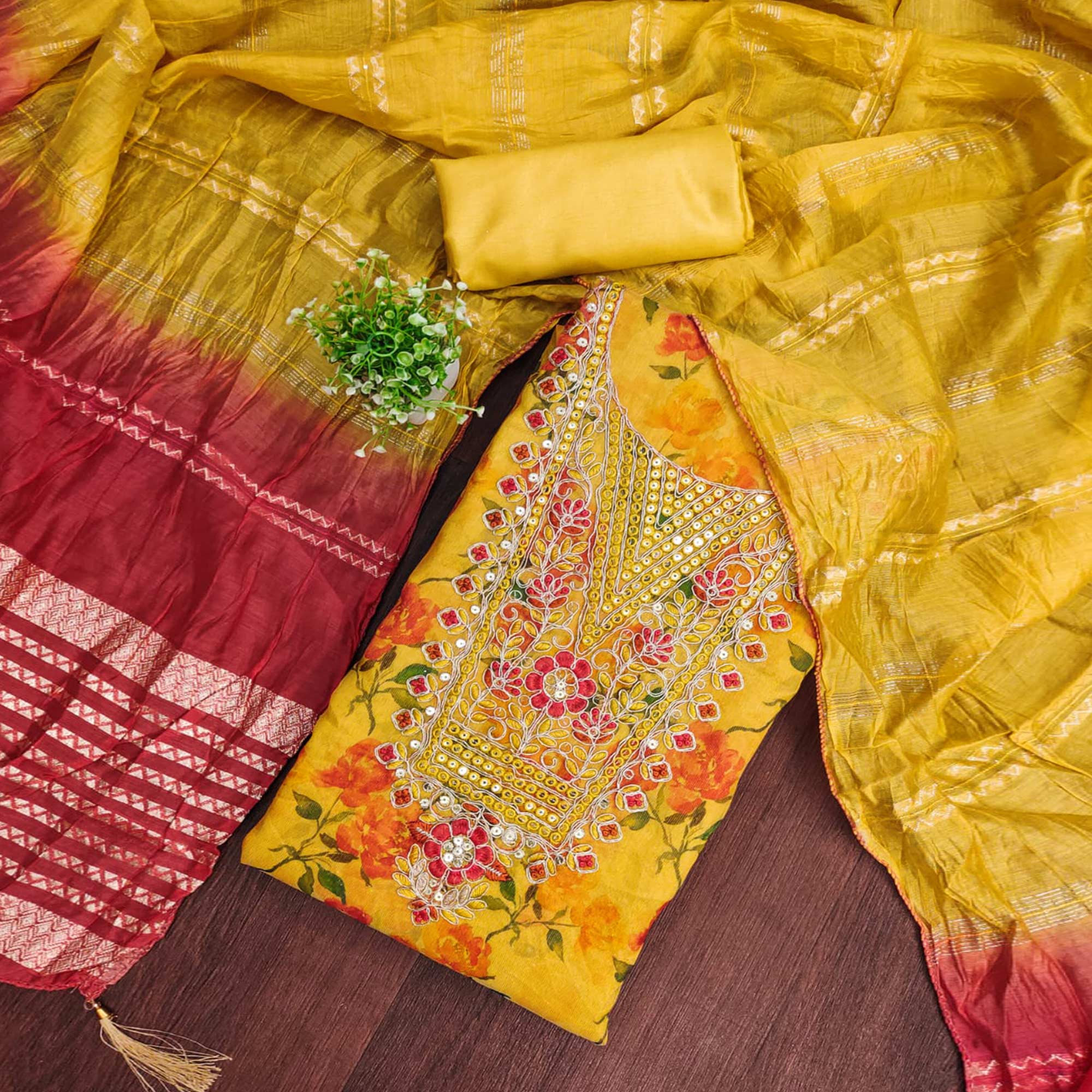 Yellow Floral Printed Dress Material With Elegant Embroidery on Shimmer Jacquard