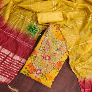 Yellow Floral Printed Dress Material With Elegant Embroidery on Shimmer Jacquard
