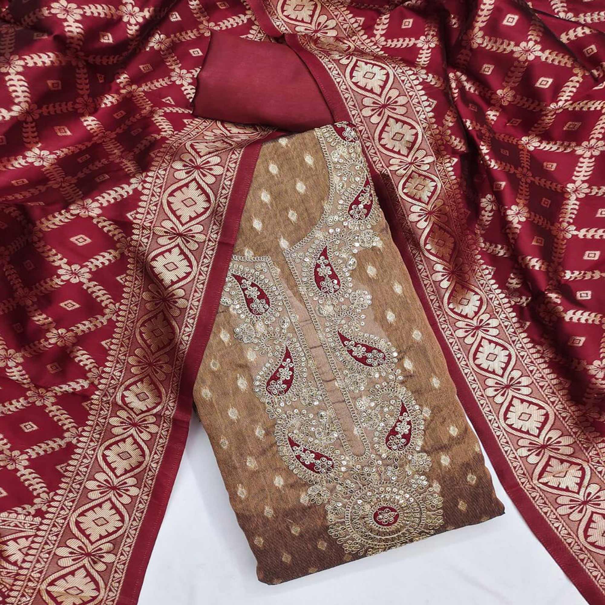 Brown Shimmer Jacquard Dress Material With Elegant Weaving & Cording Embroidery Work