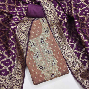 Rust Shimmer Jacquard Dress Material With Elegant Weaving & Cording Embroidery Work