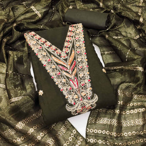 Mehendi Green Georgette Dress Material Embellished With Floral Cording Embroidery & Sequin Accents