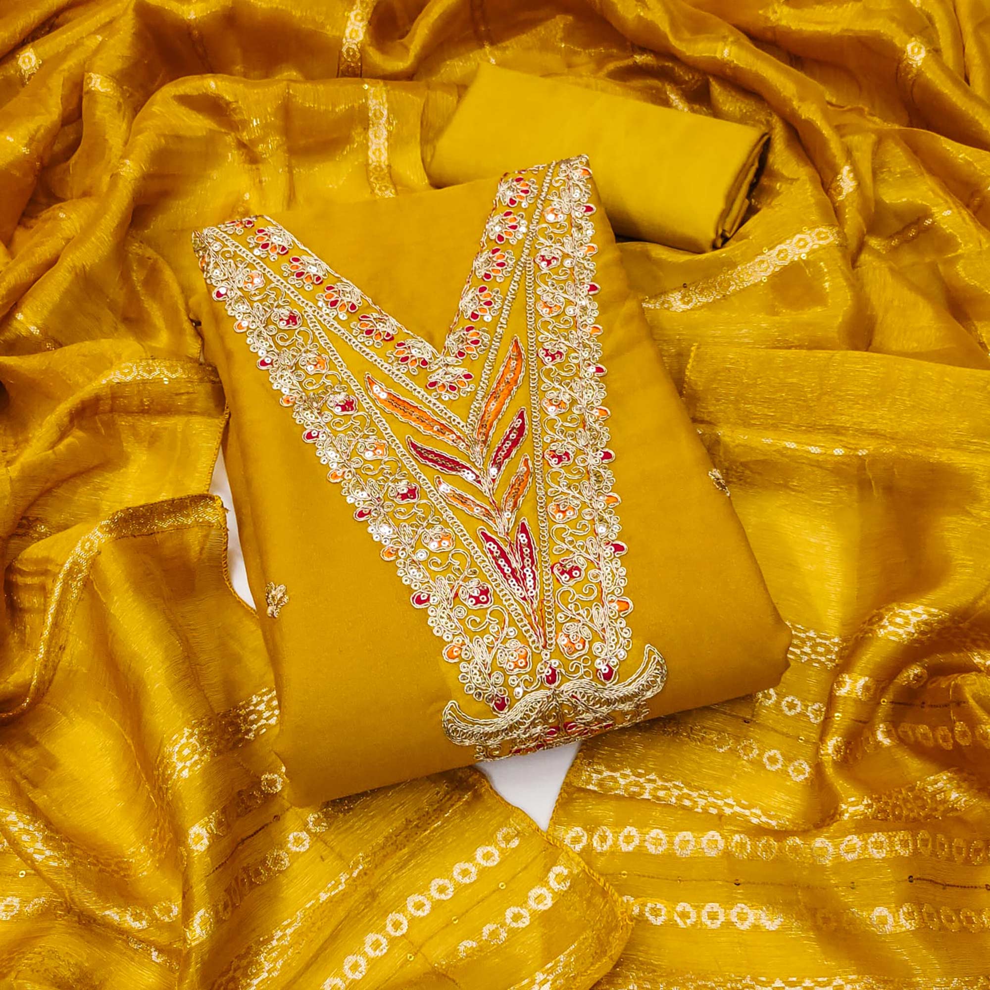 Mustard Georgette Dress Material Embellished With Floral Cording Embroidery & Sequin Accents