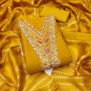 Mustard Georgette Dress Material Embellished With Floral Cording Embroidery & Sequin Accents