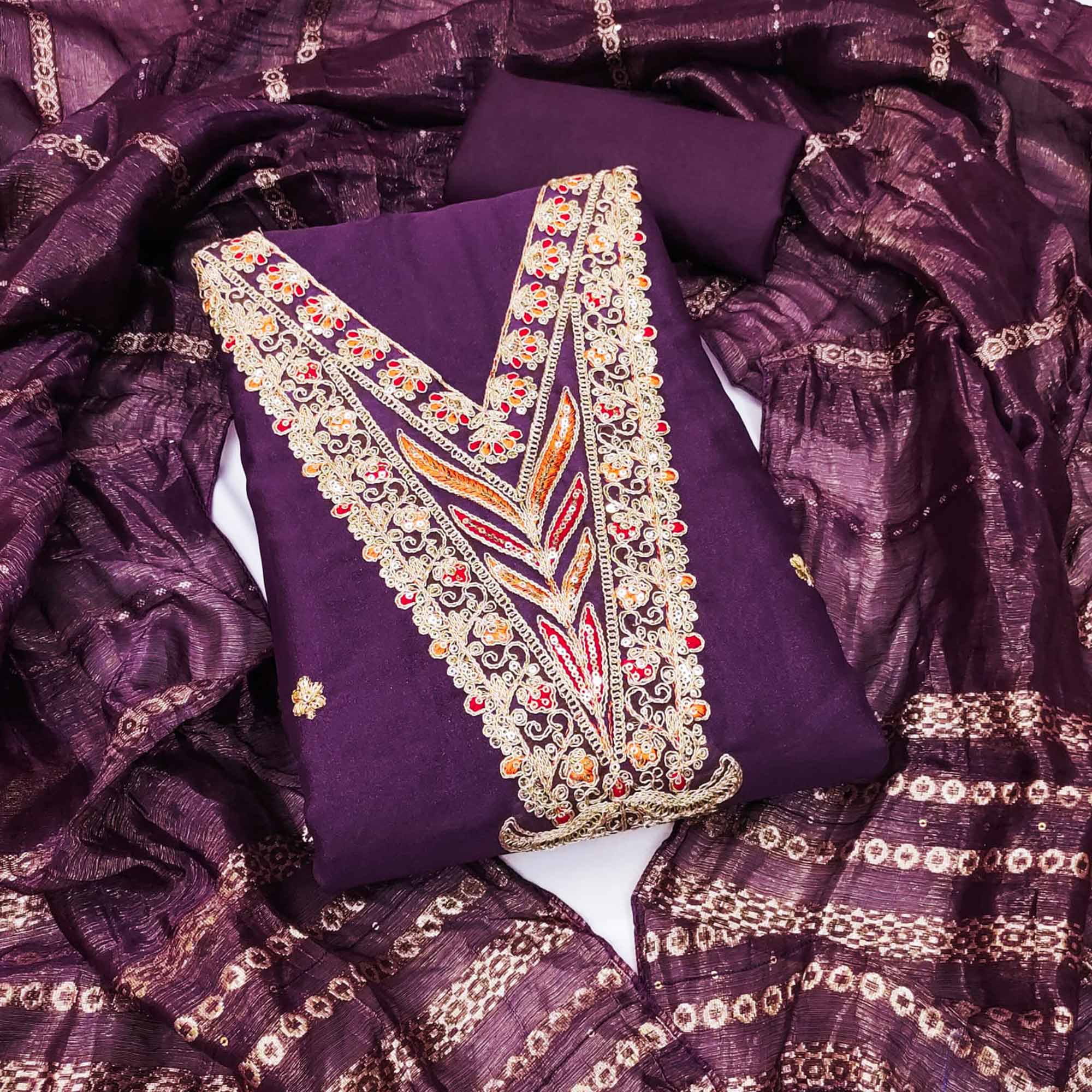 Purple Georgette Dress Material Embellished With Floral Cording Embroidery & Sequin Accents