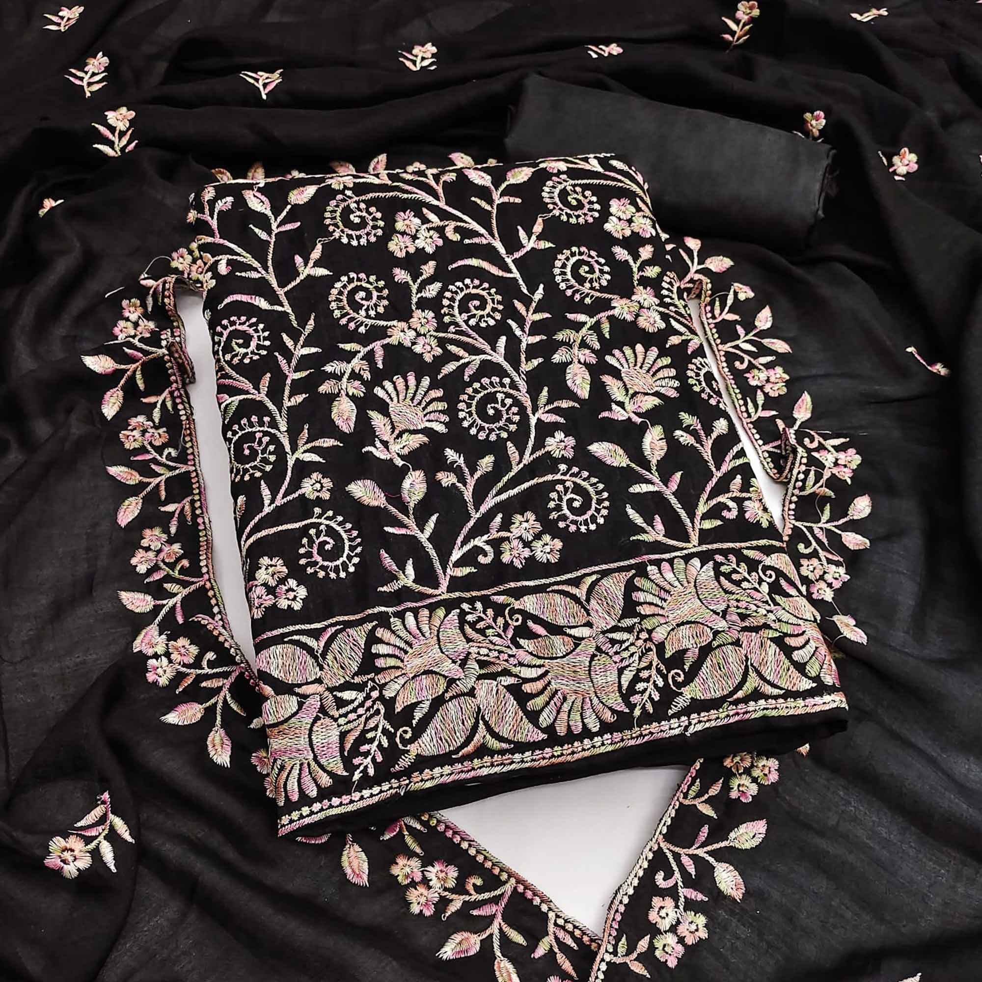 Black Vichitra Silk Dress Material With Elegant Floral Thread Embroidery