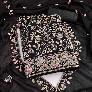 Black Vichitra Silk Dress Material With Elegant Floral Thread Embroidery