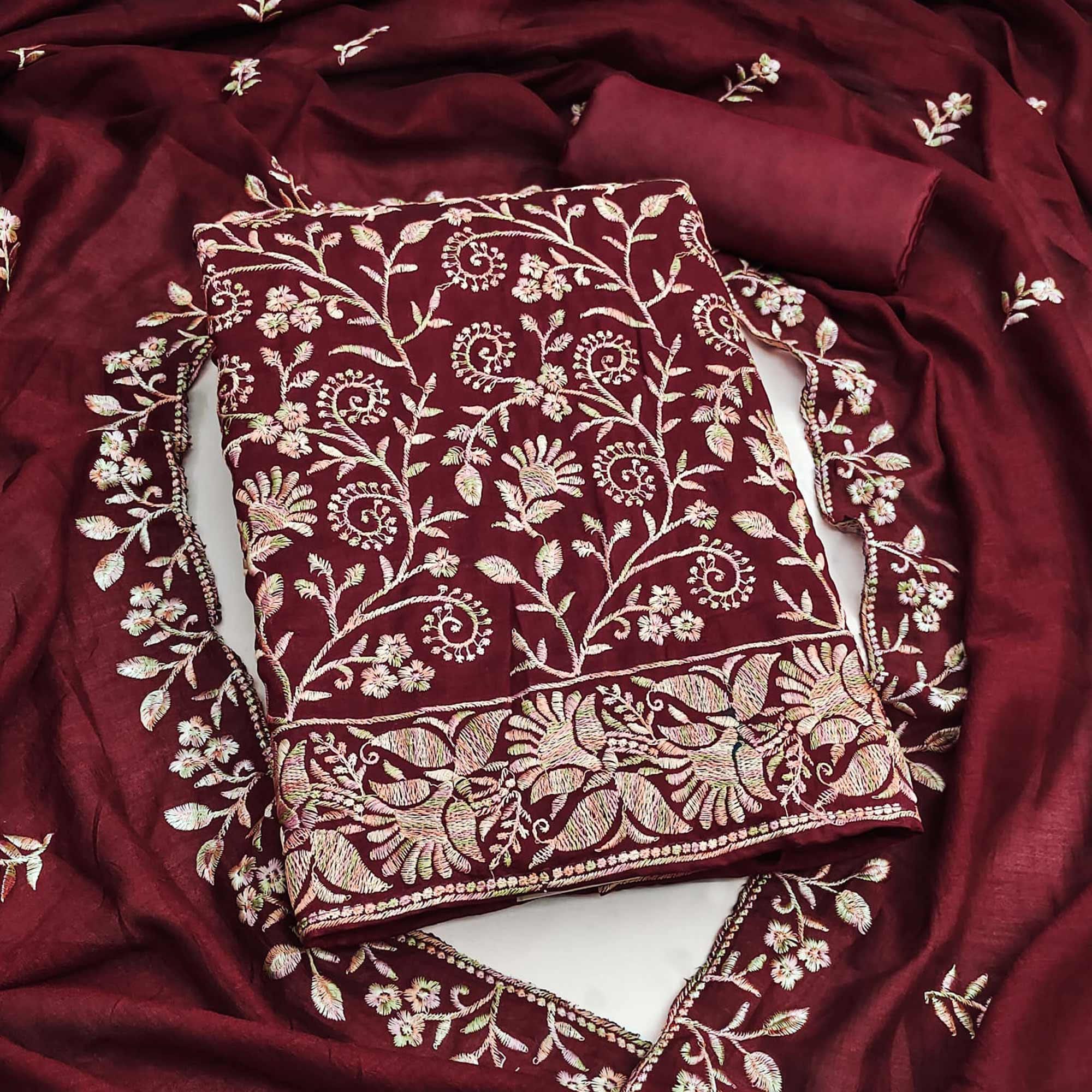 Maroon Vichitra Silk Dress Material With Elegant Floral Thread Embroidery