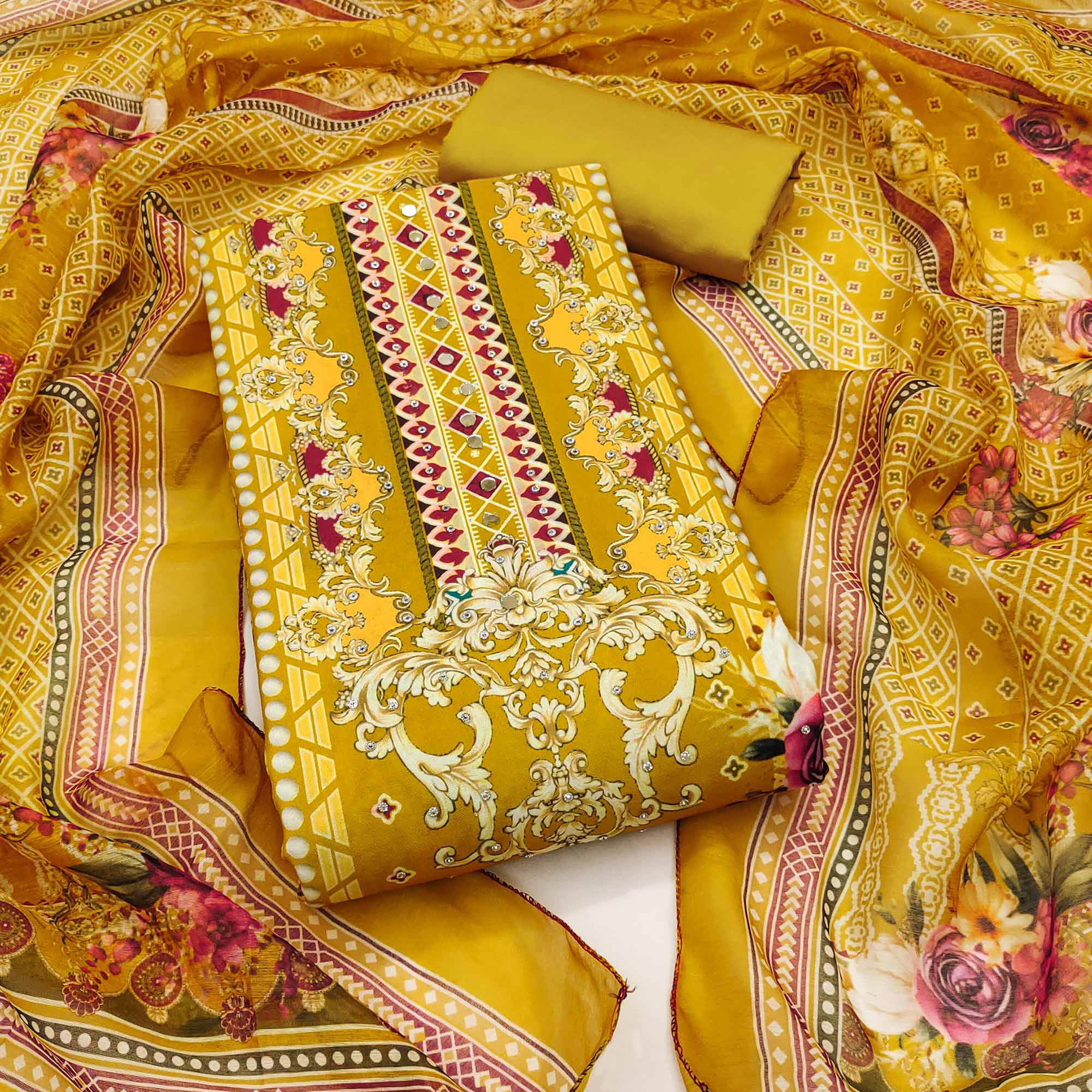 Mustard Dress Material in Rayon with Delicate Floral Patterns