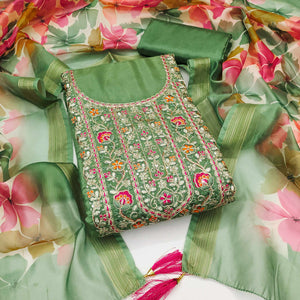 Green Chanderi Silk Unstitched Suit with Embroidered Detailing