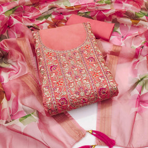 Peach Chanderi Silk Unstitched Suit with Embroidered Detailing