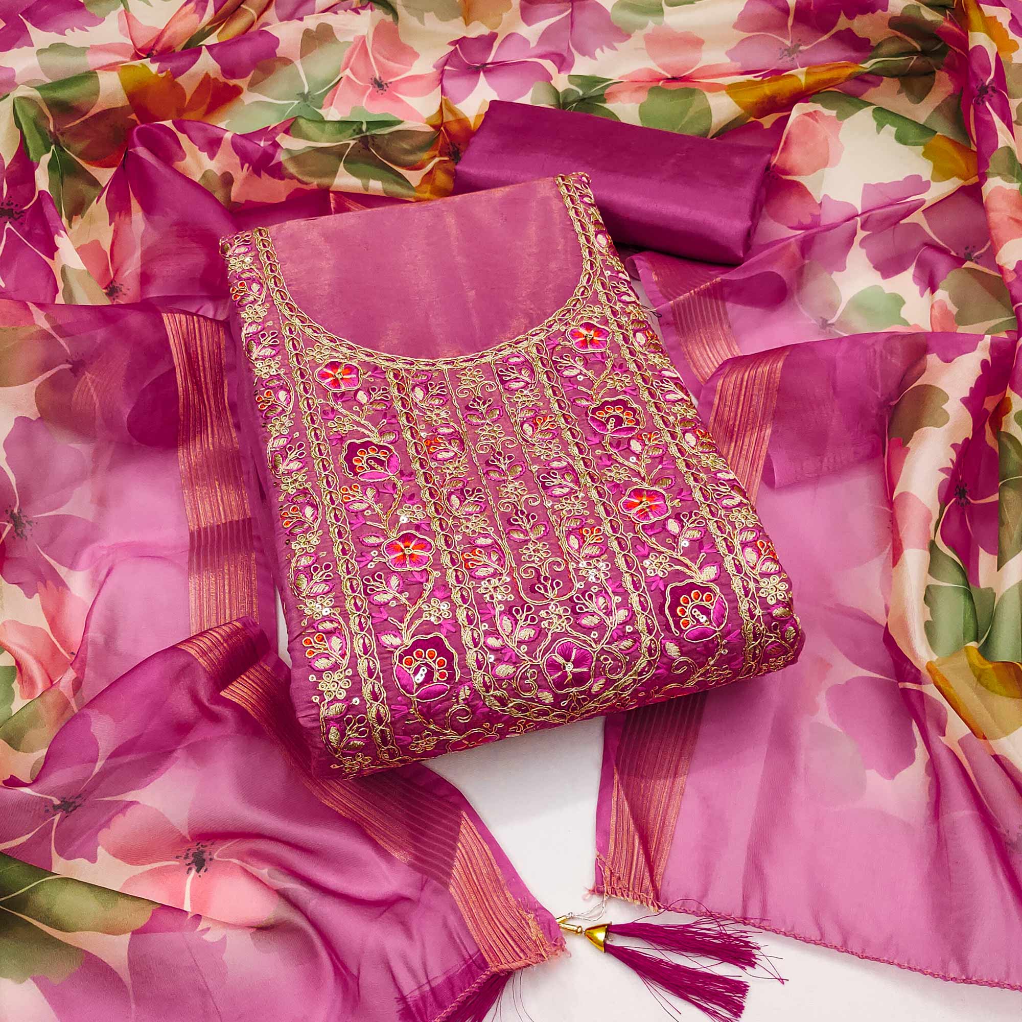 Pink Chanderi Silk Unstitched Suit with Embroidered Detailing