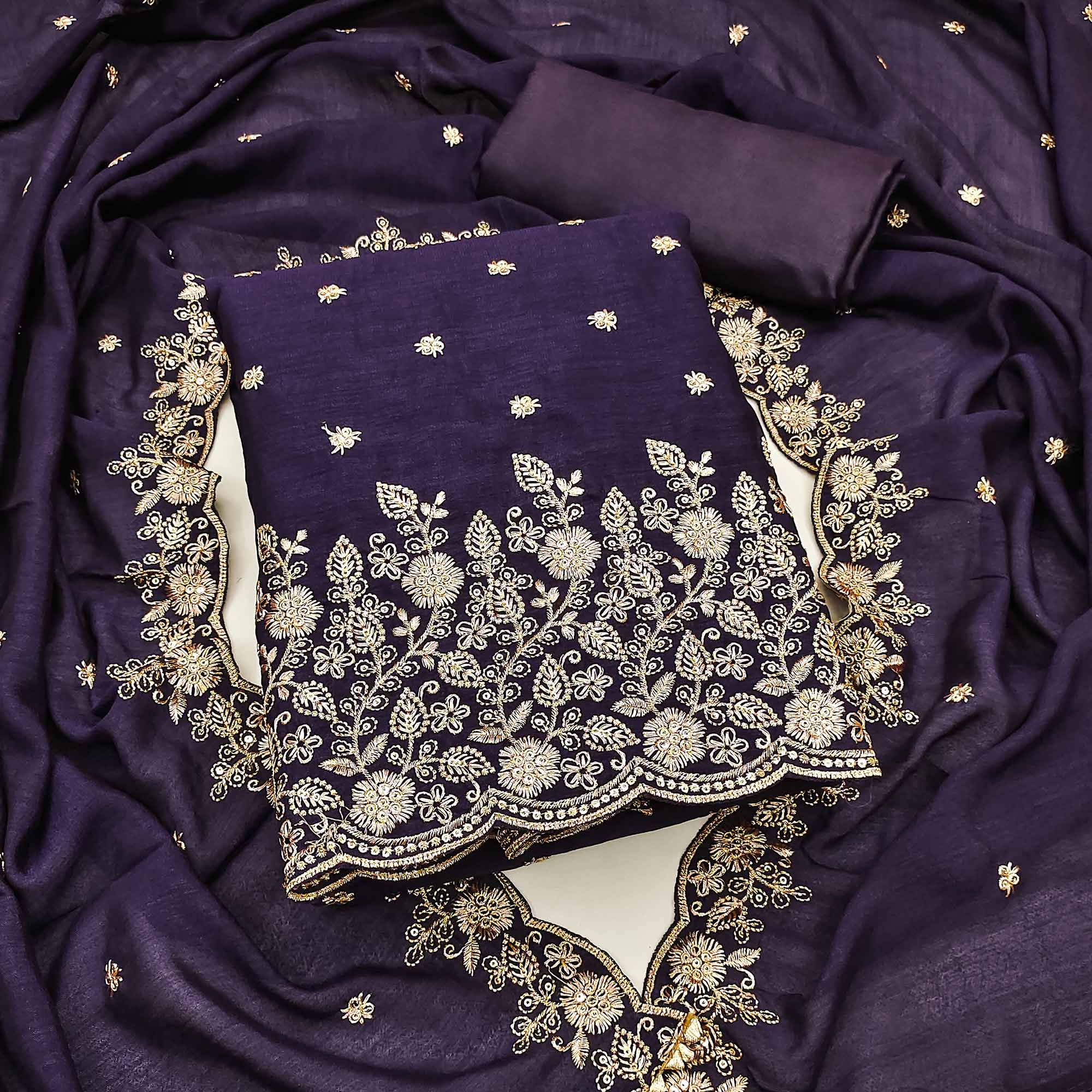 Blue Vichitra Silk Dress Material with Rich Threadwork