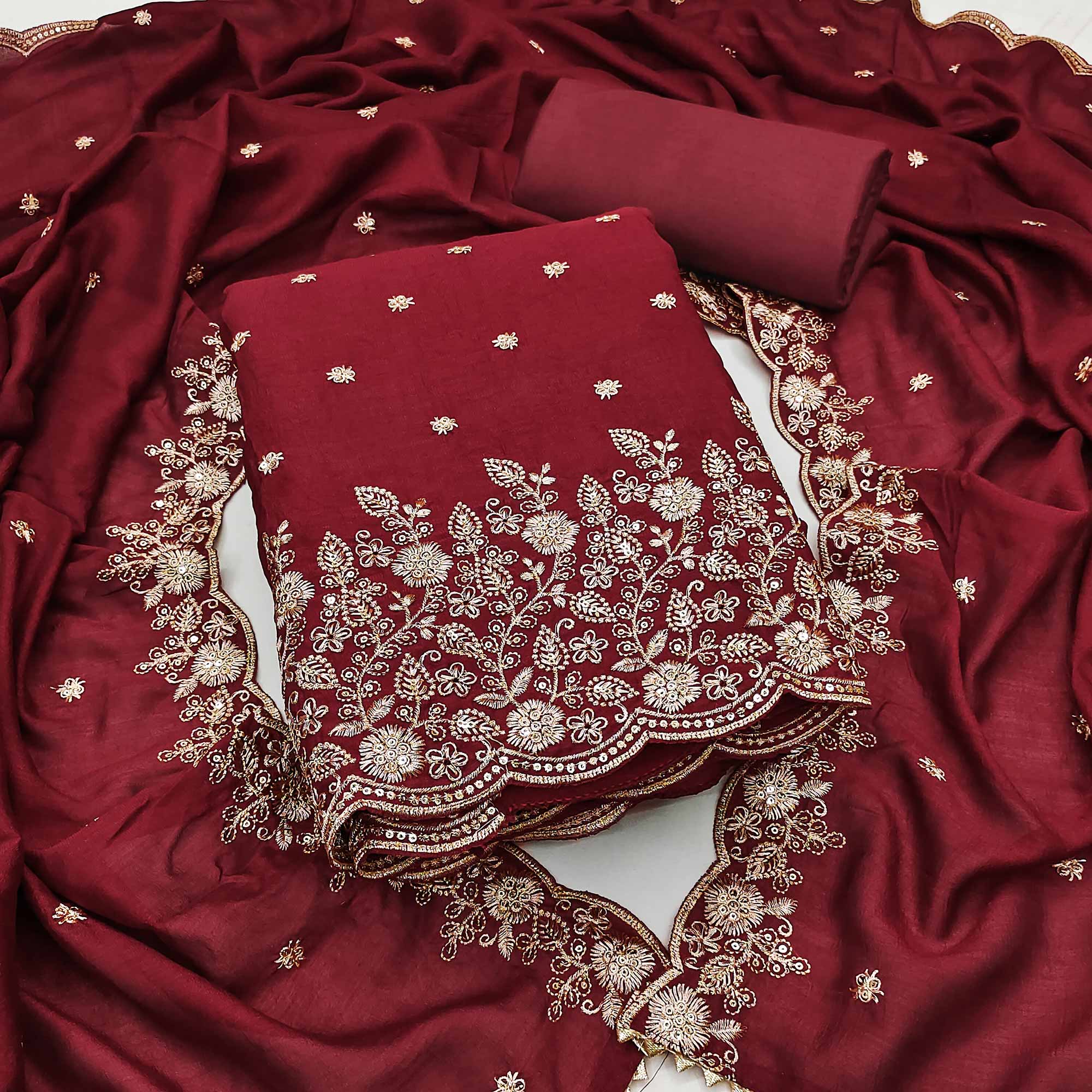 Maroon Vichitra Silk Dress Material with Rich Threadwork