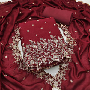 Maroon Vichitra Silk Dress Material with Rich Threadwork