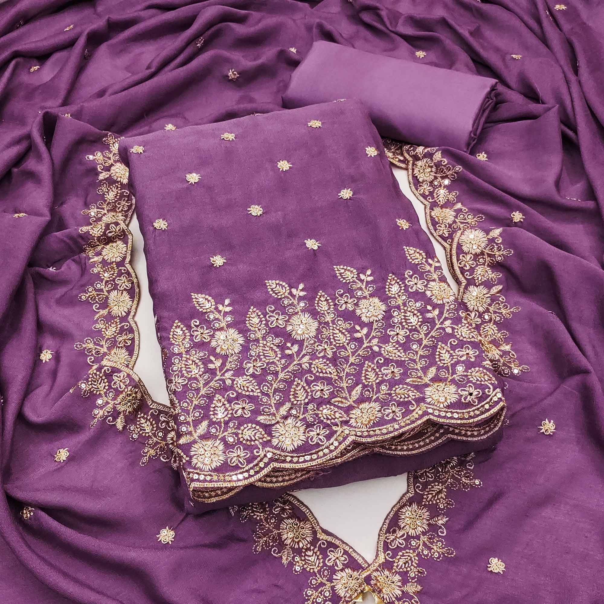 Purple Vichitra Silk Dress Material with Rich Threadwork