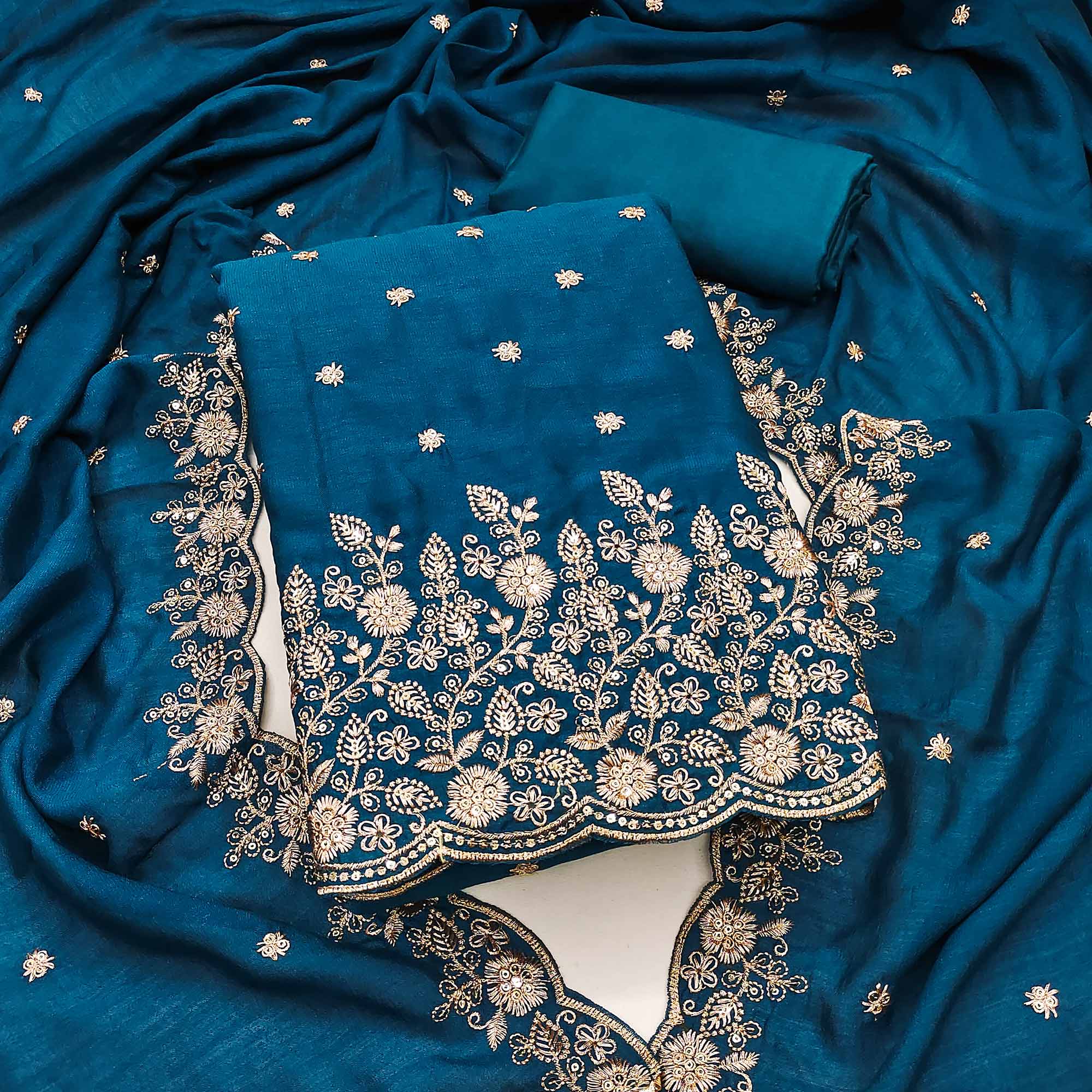 Teal Vichitra Silk Dress Material with Rich Threadwork