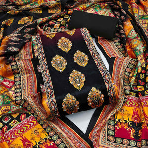 Black Chinon Dress Material With Reflective Mirror Work & Floral Prints