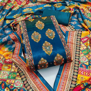 Blue Chinon Dress Material With Reflective Mirror Work & Floral Prints