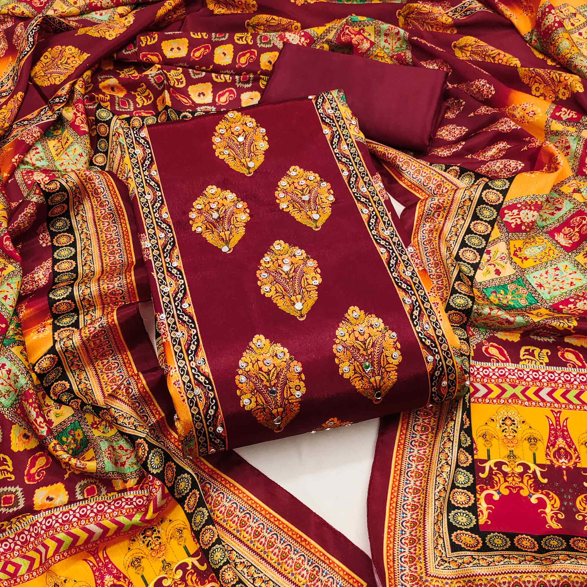 Maroon Chinon Dress Material With Reflective Mirror Work & Floral Prints