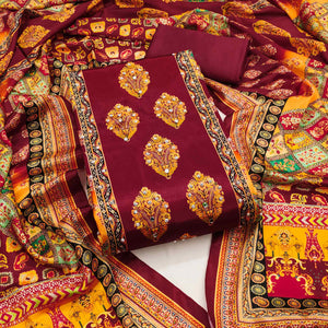 Maroon Chinon Dress Material With Reflective Mirror Work & Floral Prints