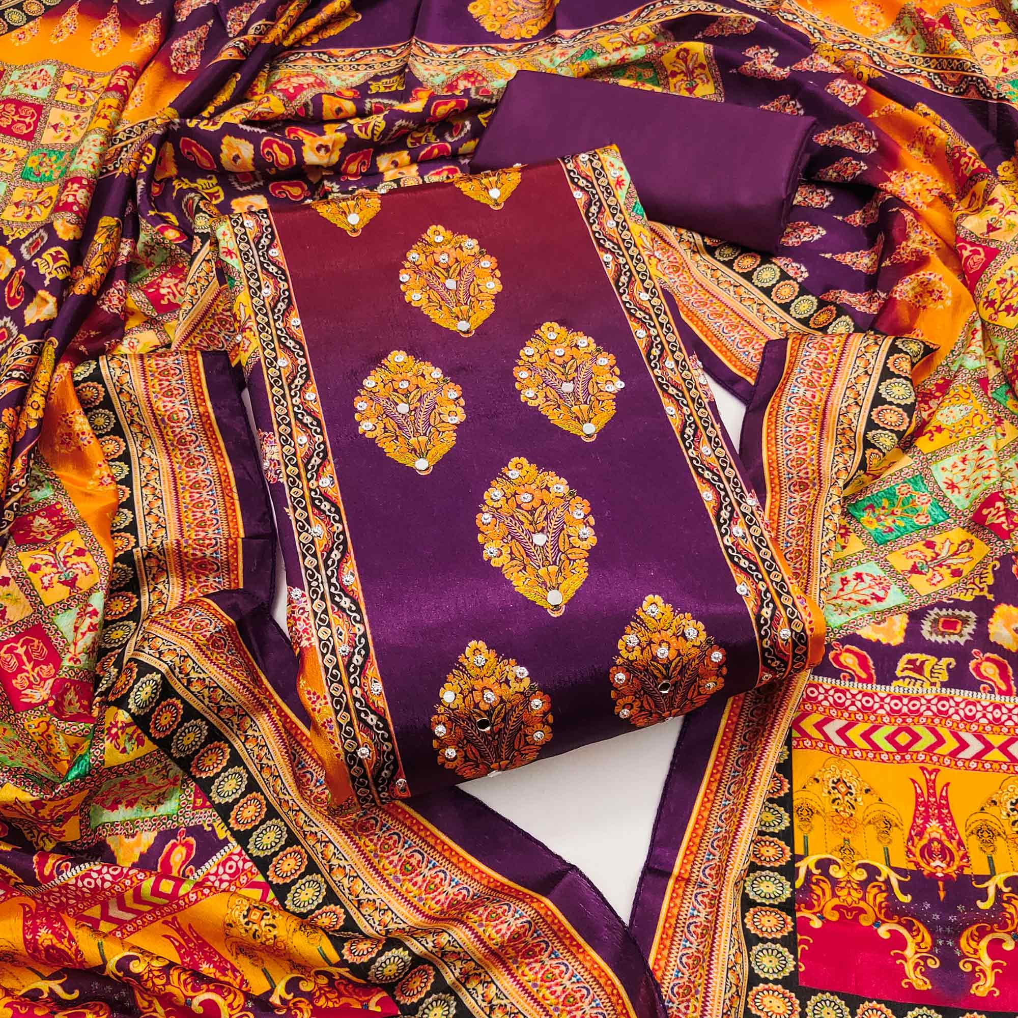 Purple Chinon Dress Material With Reflective Mirror Work & Floral Prints