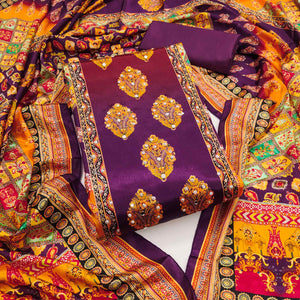 Purple Chinon Dress Material With Reflective Mirror Work & Floral Prints