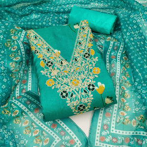 Turquoise Chanderi Silk Dress Material With Floral Digital Print & Delicate Cording Embroidery