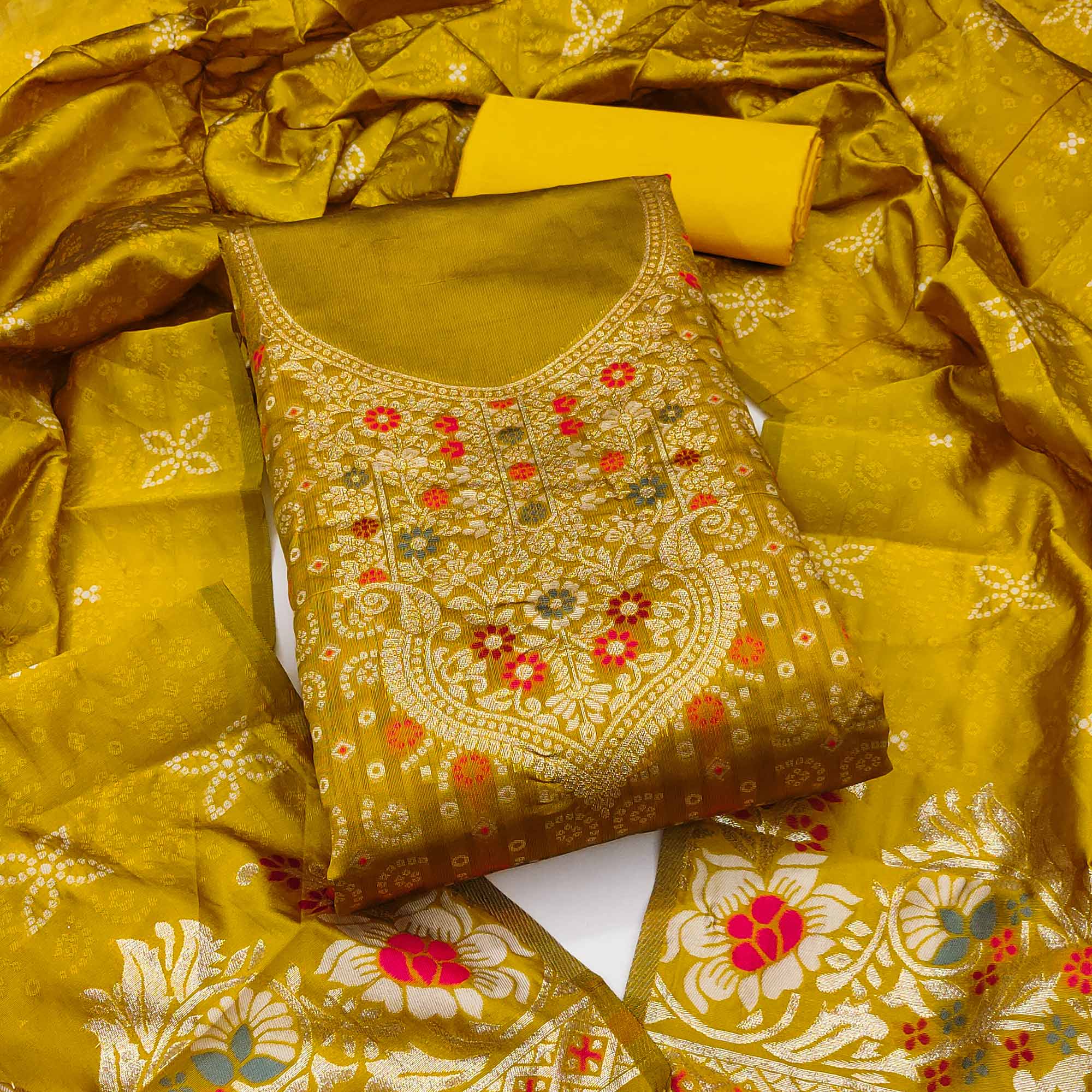 Mustard Banarasi Silk Jacquard Dress Material Adorned With Intricate Floral Zari Weaving