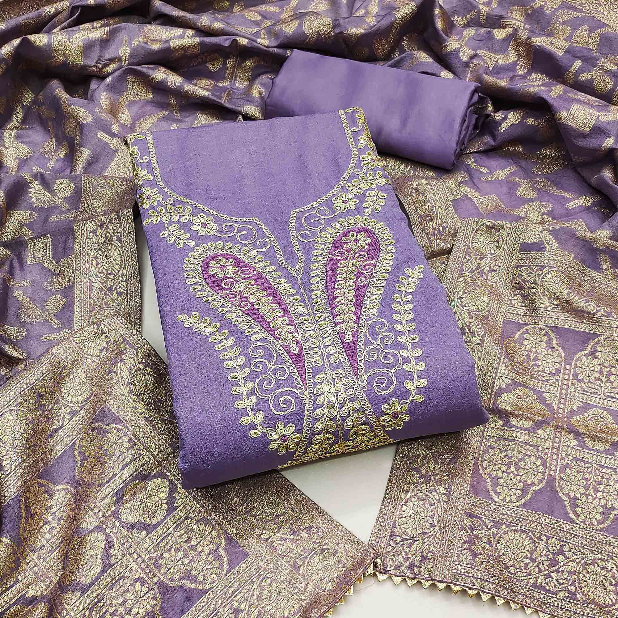 Lavender Vichitra Silk Dress Material Enhanced With Elegant Floral Sequins Cording Embroidery