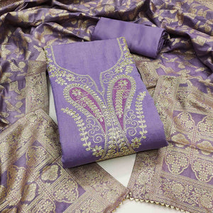 Lavender Vichitra Silk Dress Material Enhanced With Elegant Floral Sequins Cording Embroidery