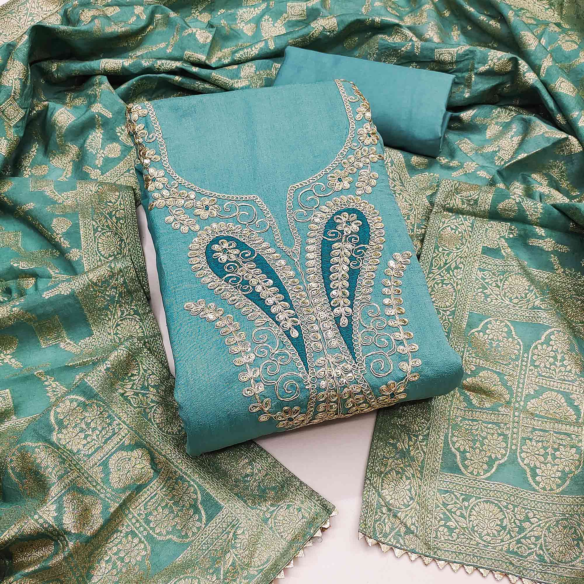 Turquoise Vichitra Silk Dress Material Enhanced With Elegant Floral Sequins Cording Embroidery