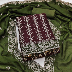 Dark Maroon Vichitra Silk Dress Material Featuring Graceful Floral Embroidery Work