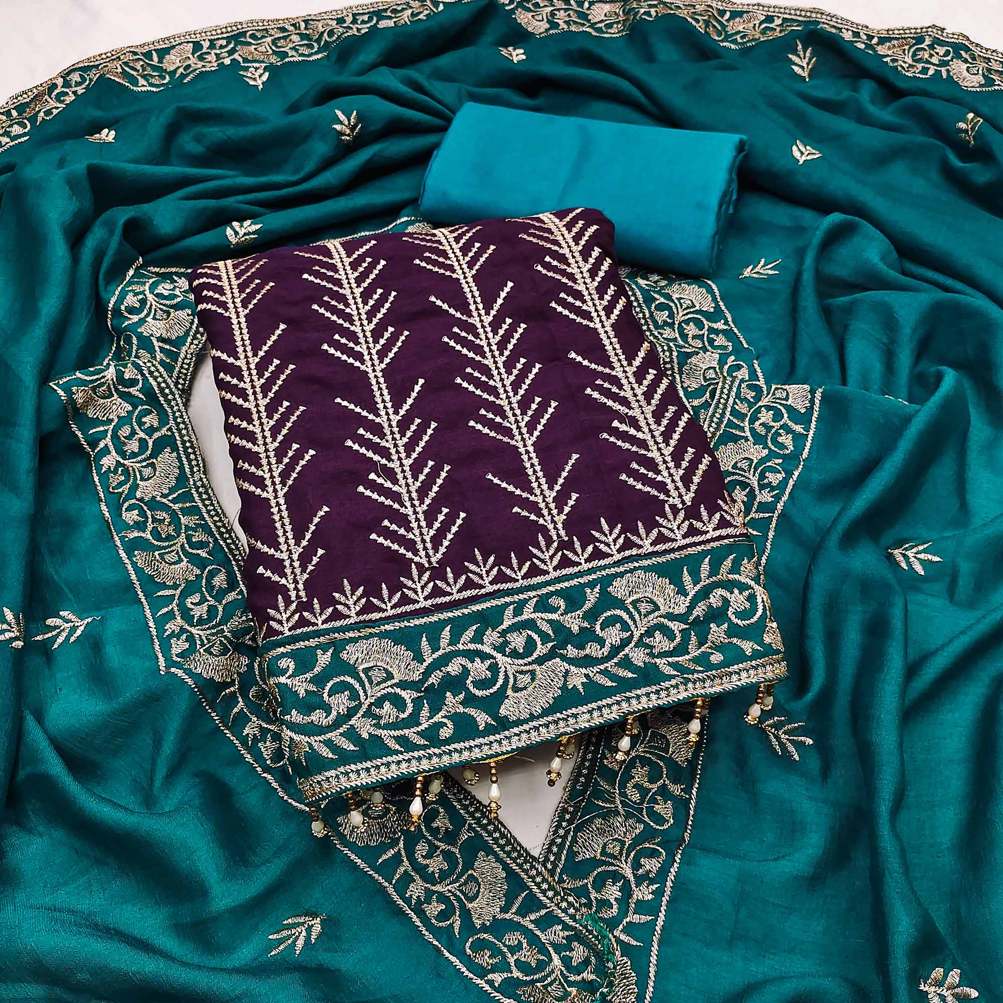 Purple Vichitra Silk Dress Material Featuring Graceful Floral Embroidery Work