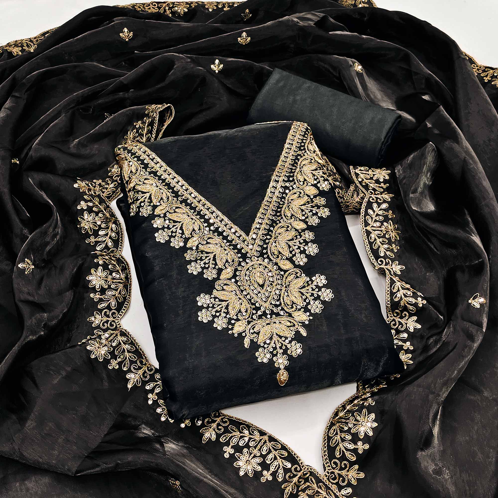 Black Unstitched Organza Suit with Thread Embroidery