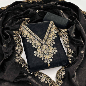 Black Unstitched Organza Suit with Thread Embroidery