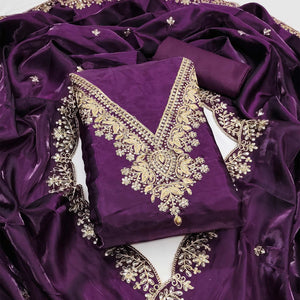 Deep Purple Unstitched Organza Suit with Thread Embroidery