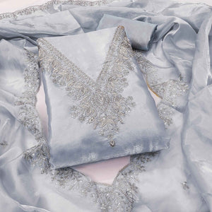 Grey Organza Dress Material With Elegant Thread Embroidery