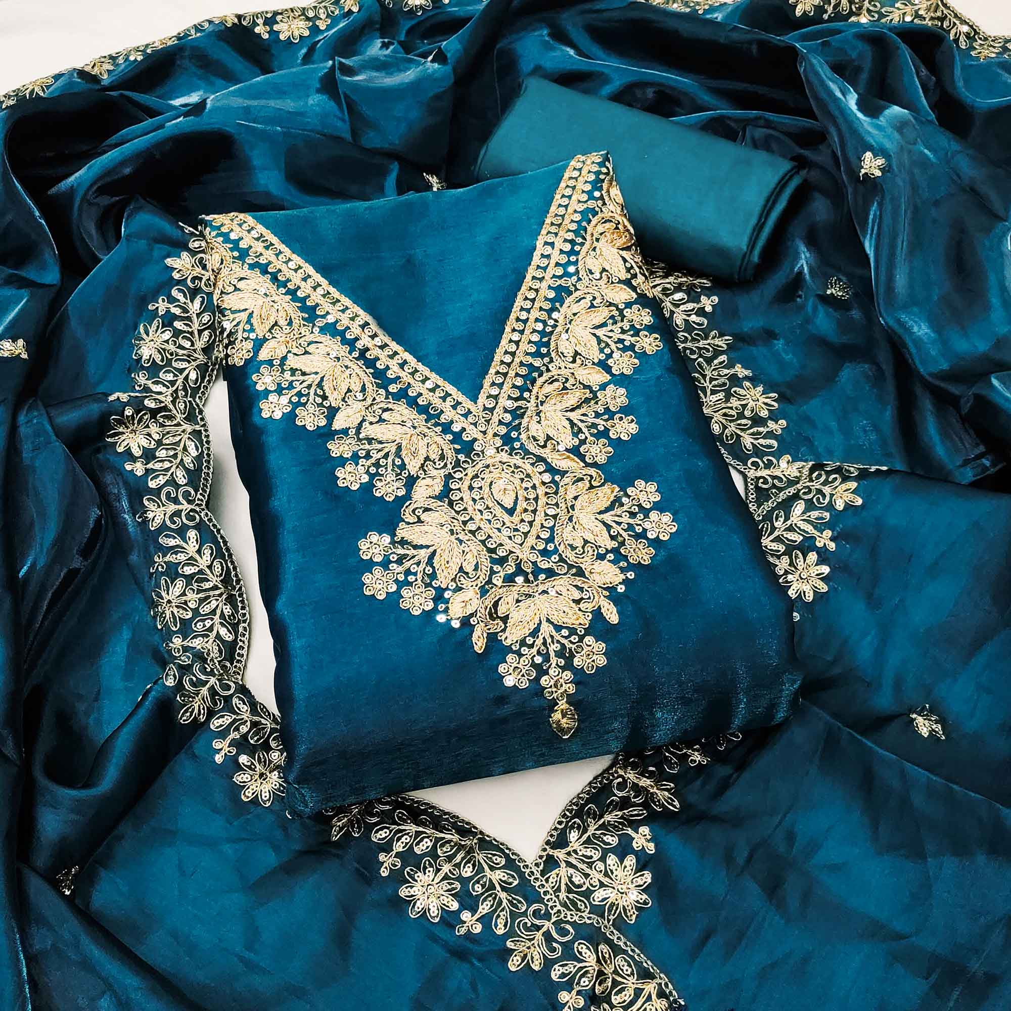 Morpich Blue Organza Dress Material With Elegant Thread Embroidery