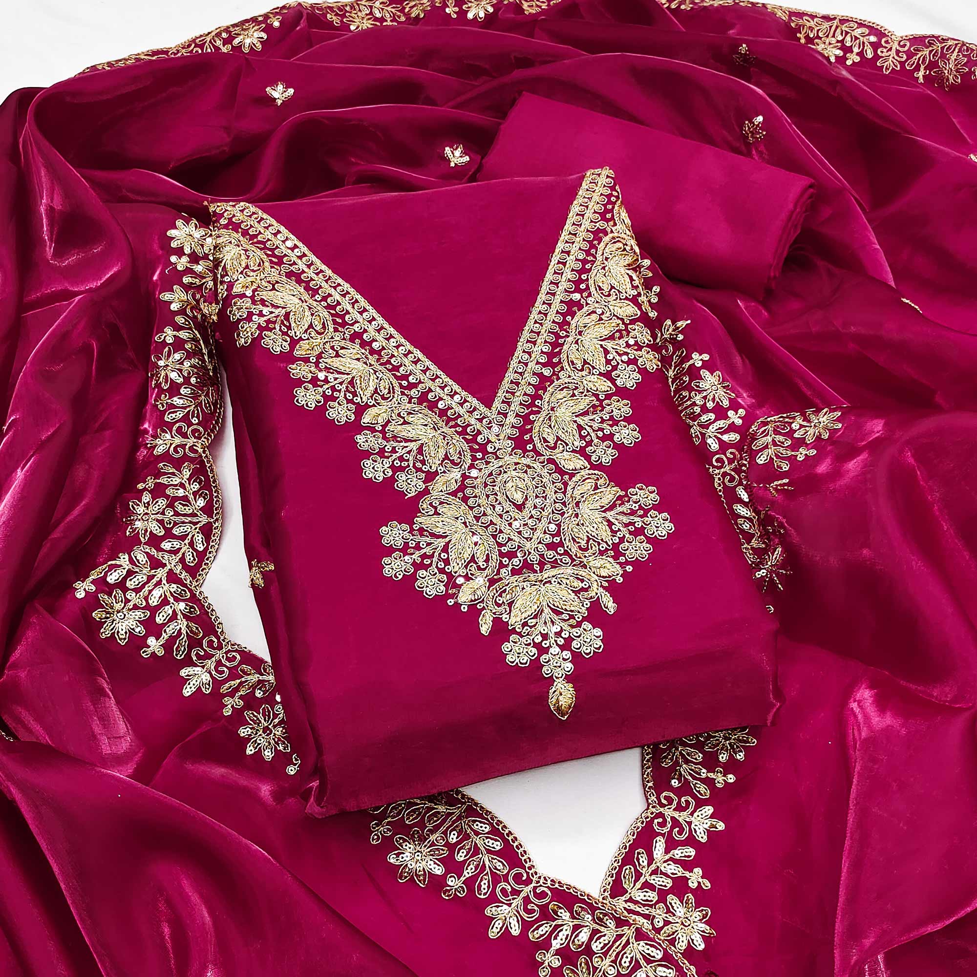 Pink Unstitched Organza Suit with Thread Embroidery