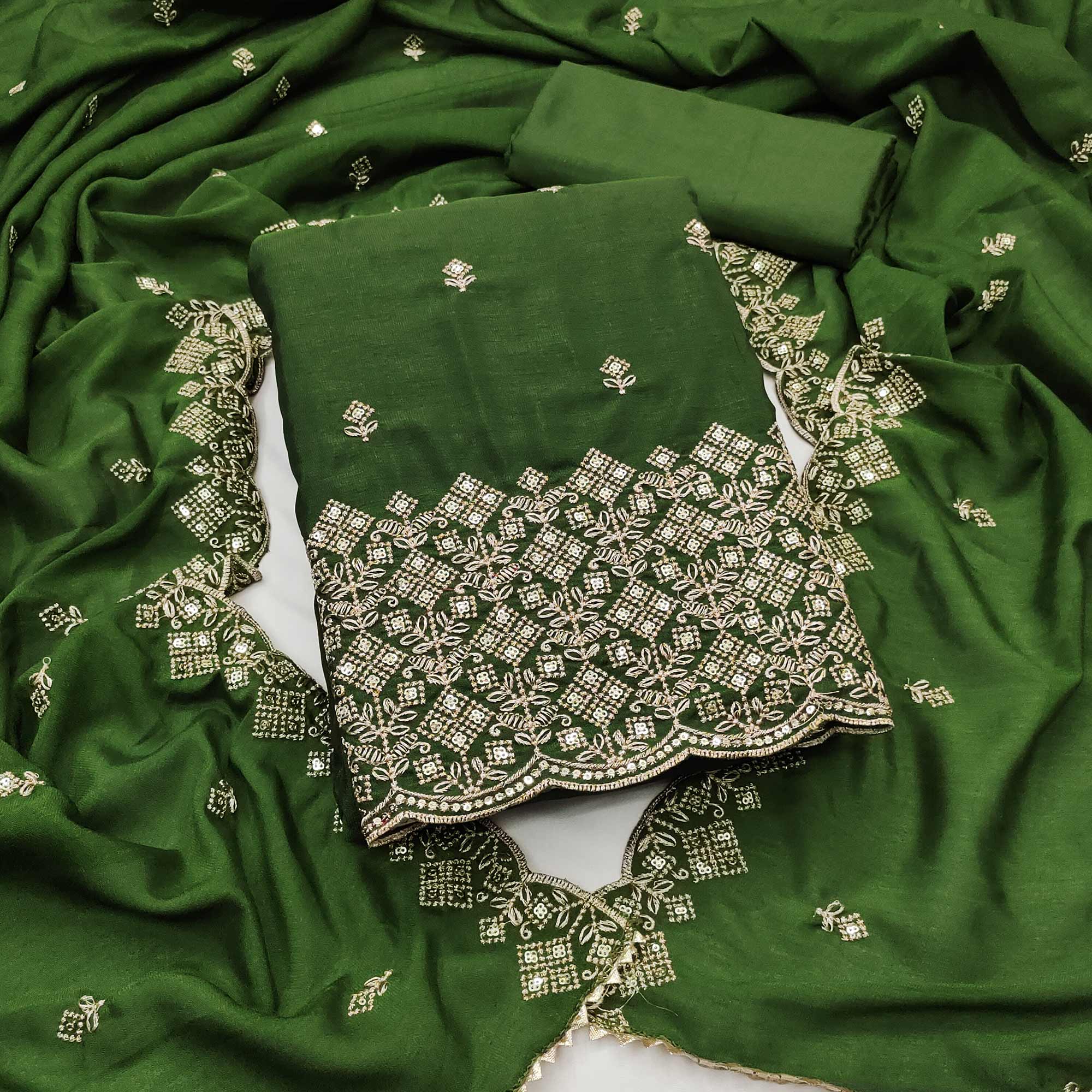 Green Vichitra Silk Dress Material Featuring Intricate Floral Embroidery & Sequins Work
