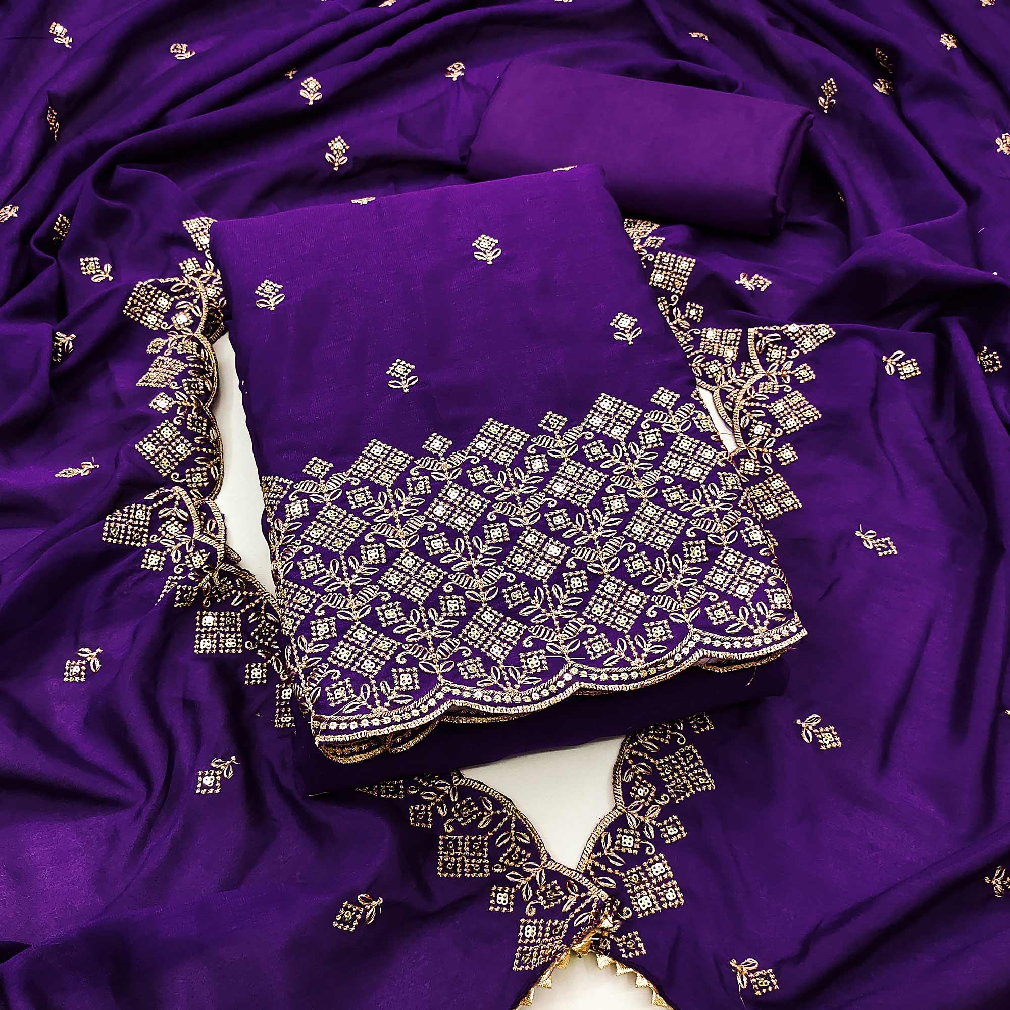 Purple Vichitra Silk Dress Material Featuring Intricate Floral Embroidery & Sequins Work