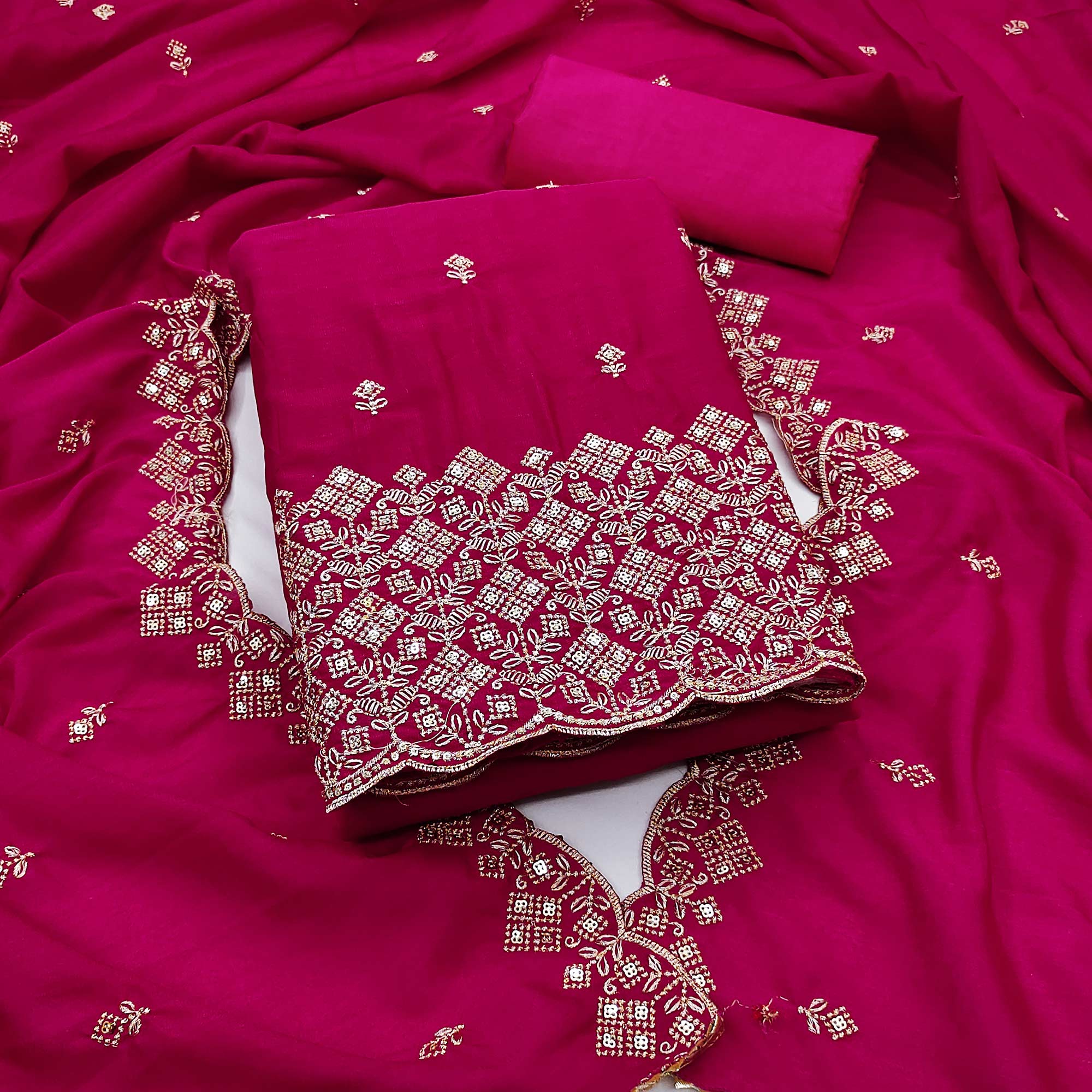 Rani Pink Vichitra Silk Dress Material Featuring Intricate Floral Embroidery & Sequins Work