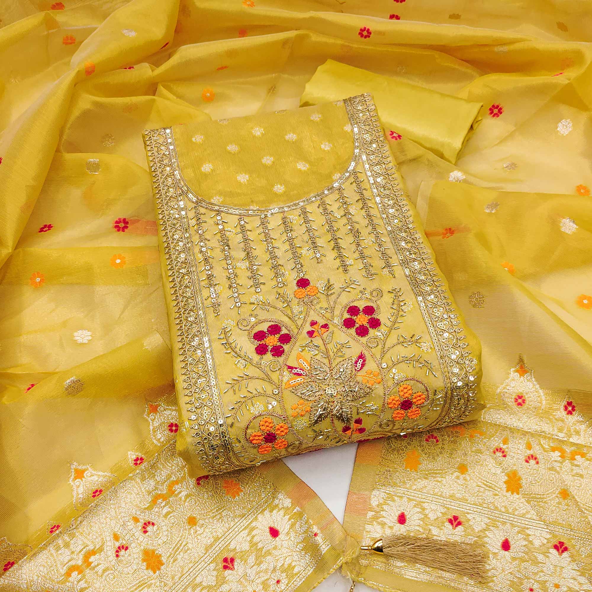 Yellow Shimmer Dress Material Adorned With Graceful Floral Weaving & Delicate Sequins Embroidery