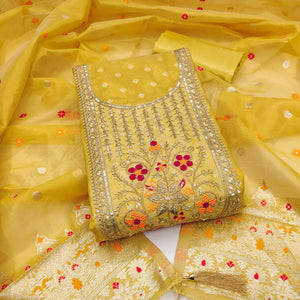 Yellow Shimmer Dress Material Adorned With Graceful Floral Weaving & Delicate Sequins Embroidery