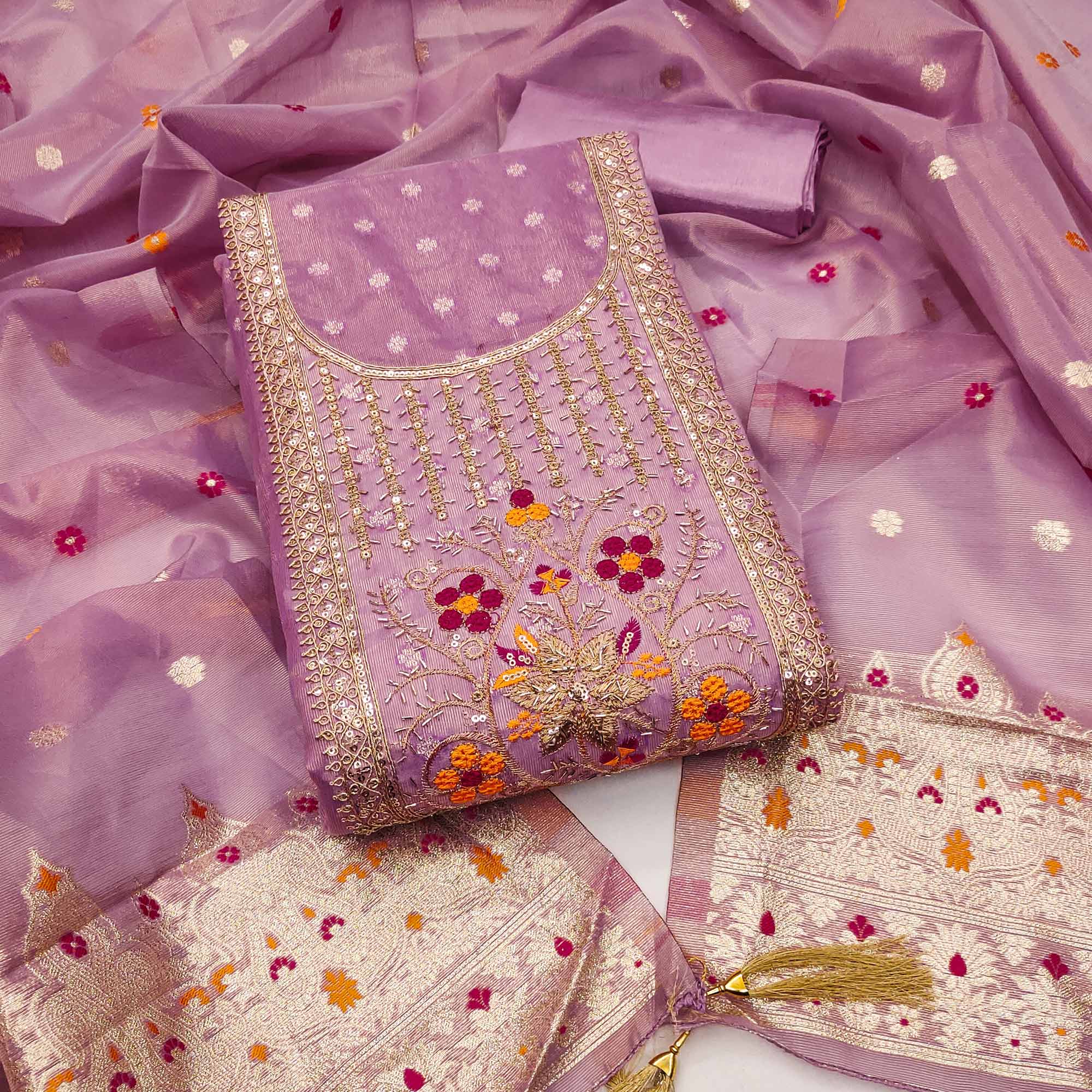 Lavender Shimmer Dress Material Adorned With Graceful Floral Weaving & Delicate Sequins Embroidery