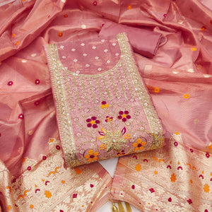Peach Shimmer Dress Material Adorned With Graceful Floral Weaving & Delicate Sequins Embroidery